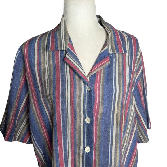 Vintage 90s Striped Button Up Shirt XL Short Sleeve Lightweight Collared - Picture 2 of 6